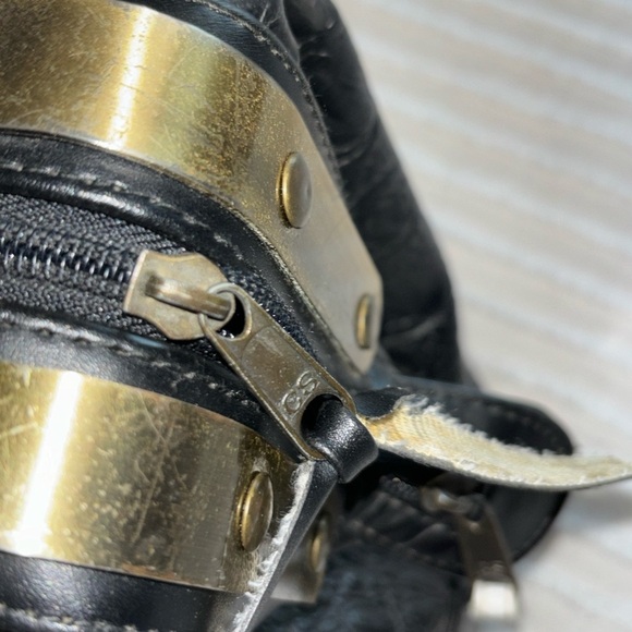 CHENSON Black Croc Pattern Faux Leather Doctor‎ Satchel Purse Bag Brass Trim - Picture 5 of 16